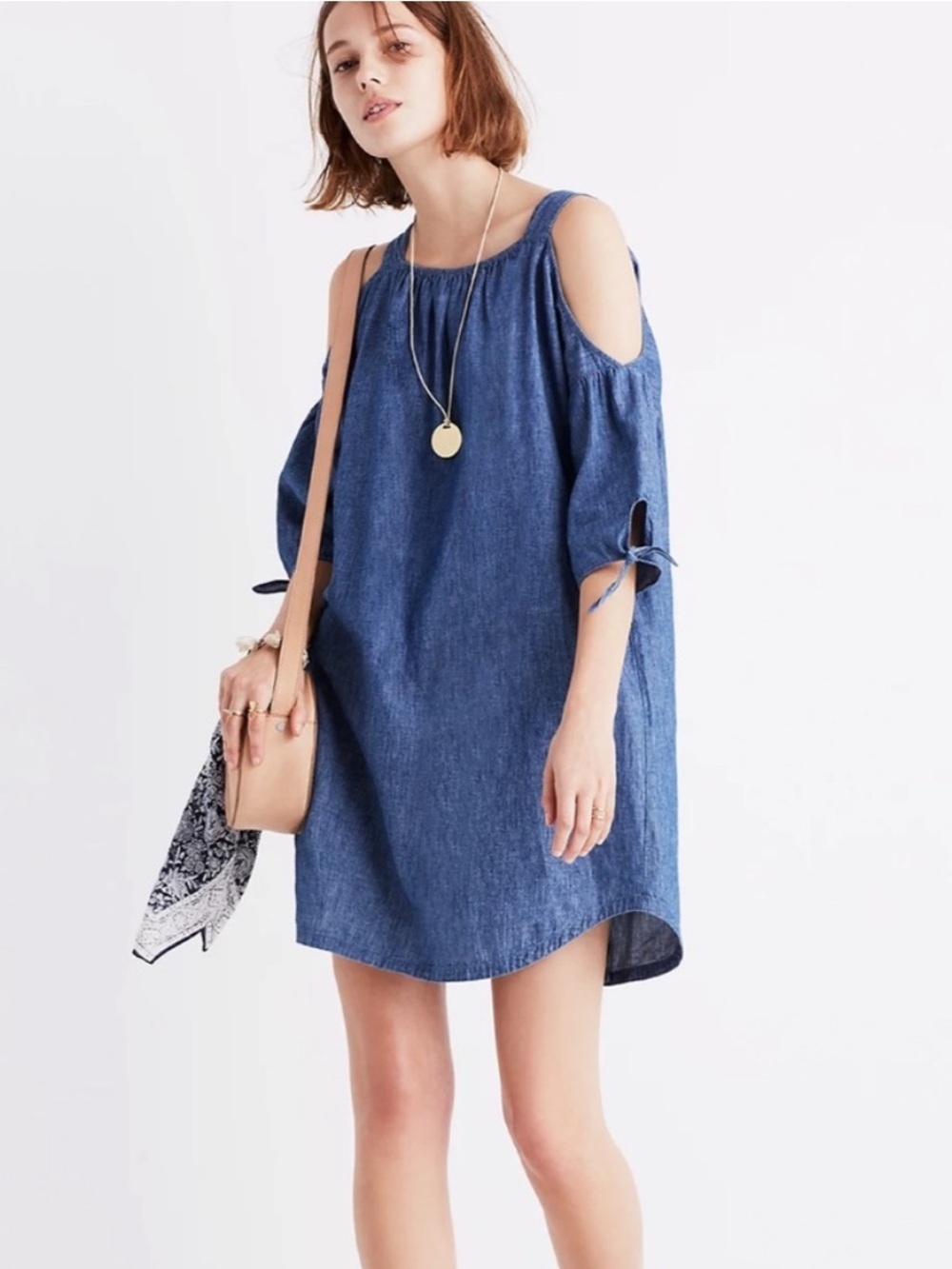 Madewell Women's Cold Shoulder Chambray Dress Blue Size XS Linen Cotton Blend